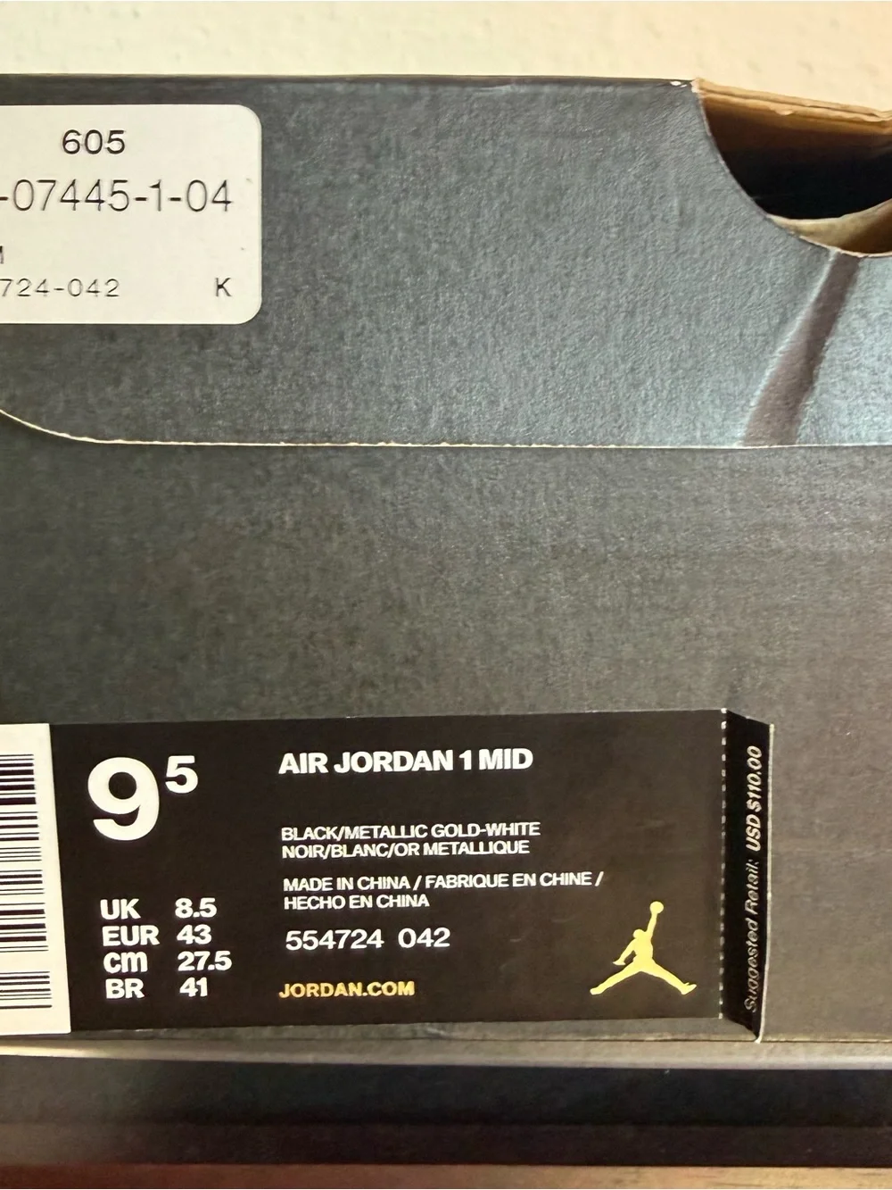 Air Jordon 1 Mid Black Metallic Gold White Men’s Size 9.5 554724 042